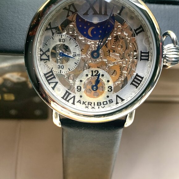 WATCH - NIB Akribos XXIV Watch Mens, Leather, AK451SS, Analog, SKELETON, DUAL - Picture 4 of 12